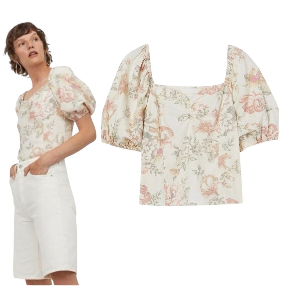 Linen square neck puff sleeve cropped blouse floral size M